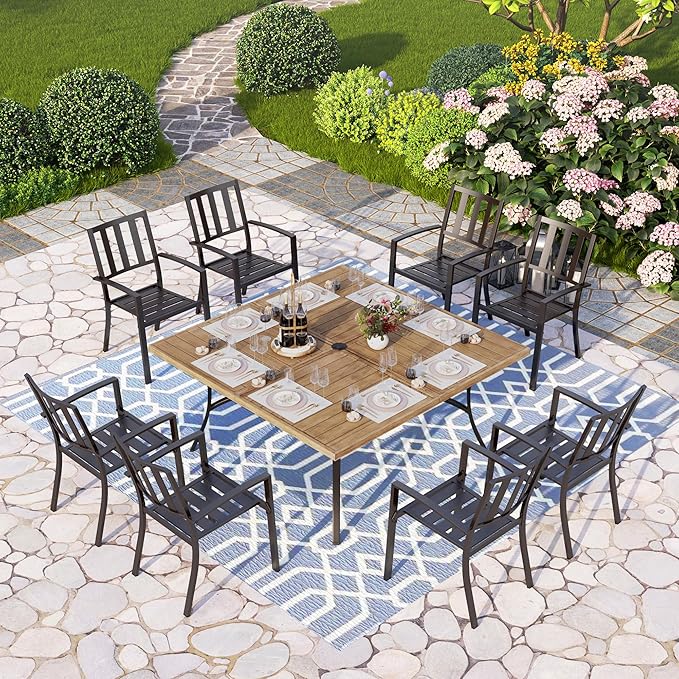 PHI VILLA 9 Pieces Outdoor Dining Set for 8, 60” Brown Wood-Like Square Metal Steel Table with Umbrella Hole & Stackable Wrought Iron Chairs, Large Outside Furniture for Patio, Deck, Yard, Porch