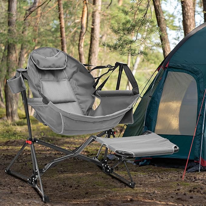 Ainfox Hammock Camping Chair with Footrest, Foldable Portable Rocking Chairs for Adults Outside Swinging Camp with Cup Holder Pillow for Outdoor Patio Poolside (Grey)