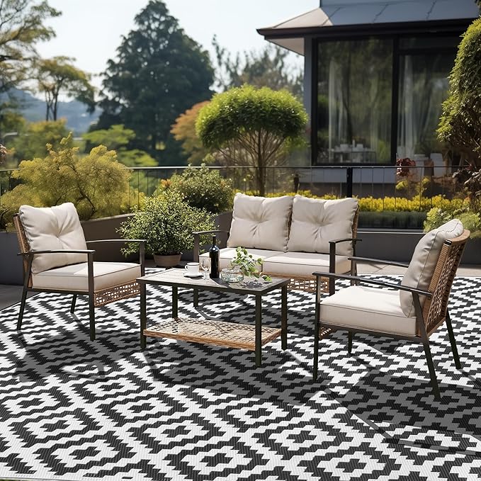 SAND MINE Waterproof Outdoor Rug 8x10 ft, Plastic Reversible Rug, Modern Area Rug, Large Floor Mat for Outdoors, RV, Patio, Backyard, Deck, Picnic, Beach, Camping (8' x 10', Black & White Lattice)