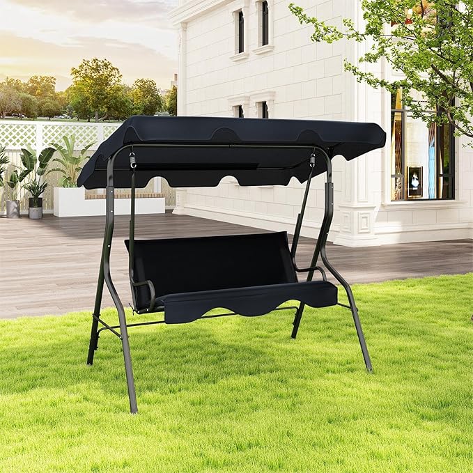 Porch Swing Outdoor, 3 Person Patio Swing w/Removable Cushion, Stand & Adjustable Canopy, Heavy Duty Swing Chair for Patio, Garden, Courtyard, Poolside