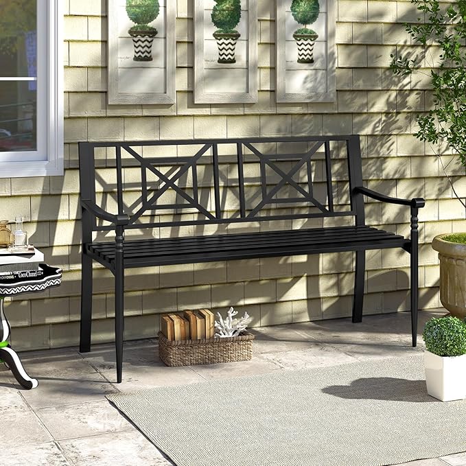 Giantex Metal Outdoor Bench with Backrest, Curved Armrests, Non-Slip Foot Pads, Slatted Seat for 2-3 Persons, Load 660lbs, Loveseat, Patio Bench for Garden, Yard, Poolside, Lawn, Porch, Park, Black