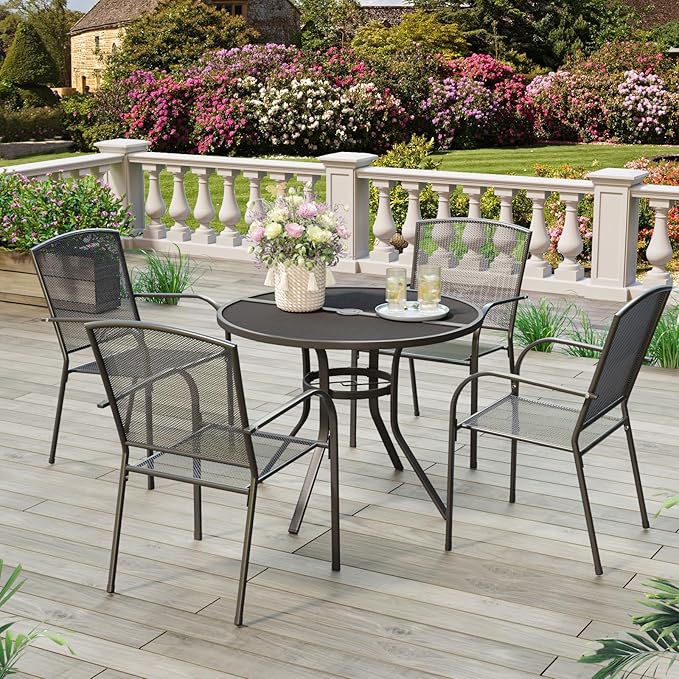 AECOJOY Outdoor Patio Dinning Table for 4, 37" Round Metal Patio Tables with 1.7" Umbrella Hole, Weather-Resistant Outside Table for Lawn Backyard Garden Porch Bistro Poolside Deck Dark Grey