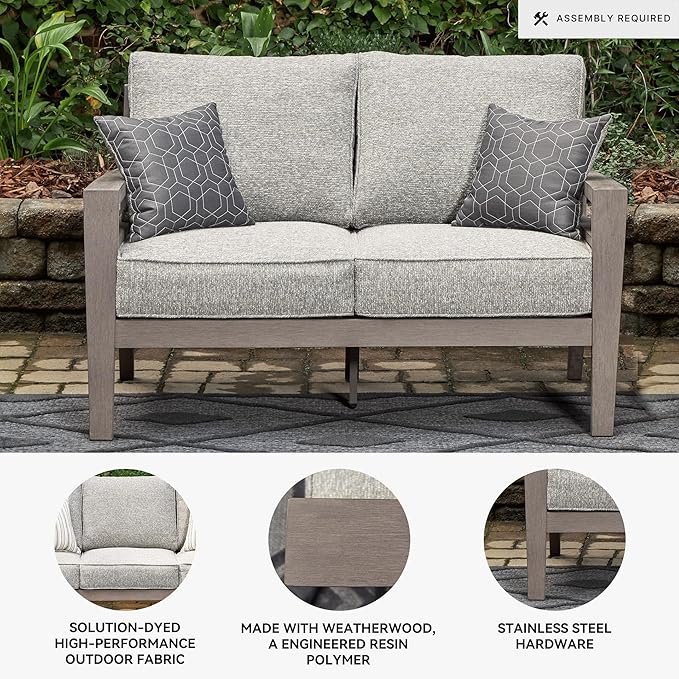 Signature Design by Ashley Hillside Barn Contemporary Nuvella Weather Resistant Fabric Outdoor Loveseat with Cushion and 2 Throw Pillows, Light Brown & Light Gray