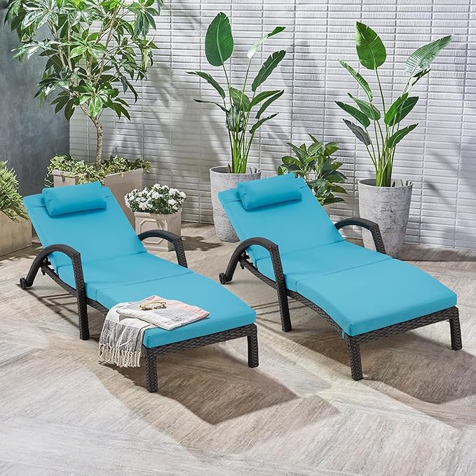 HOMREST Chaise Lounge Chairs Set of 4, PE Rattan Wicker Lounge Chair with Arm and Wheels for Poolside,Blue
