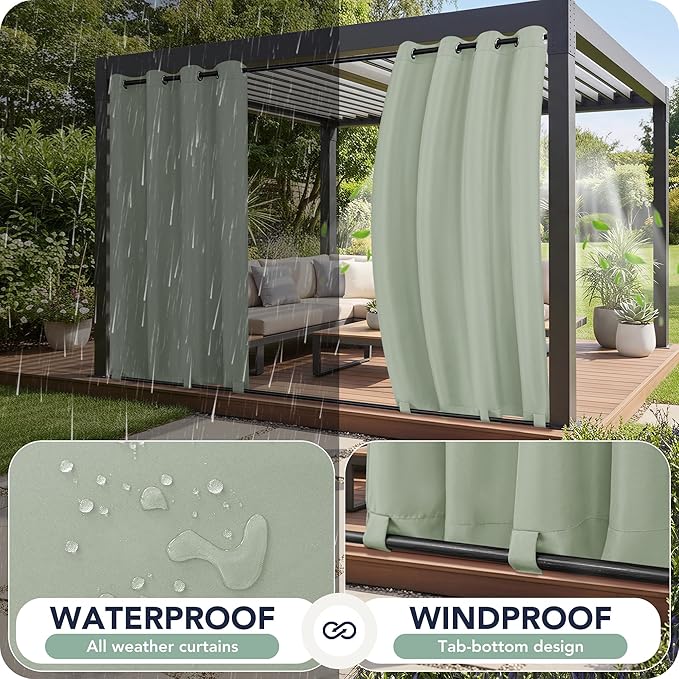 Outdoor Curtains for Patio Waterproof 6 Panels - Windproof, Privacy, Weatherproof Outside Drapes for Gazebo Pergola Porch, Grommet Top and Tab Bottom, 54x95 Inch, Sage Green