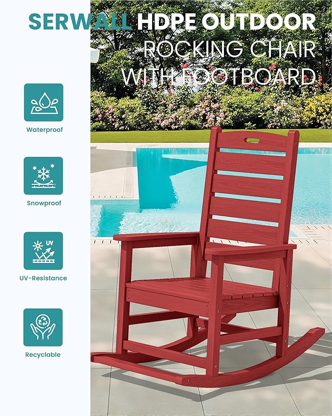 SERWALL Outdoor Rocking Chair Set of 4, Oversized HDPE Patio Rocking Chair with Footrest for Adults, All Weather Porch Rocker for Deck Patio Balcony, Red
