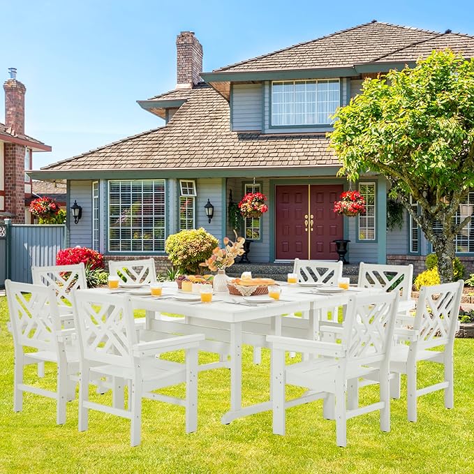 HDPE Outdoor Dining Set,10-Piece Outdoor Table and Chairs Include 8 Dining Chairs and 2 Pcs 62.5" Patio Dining Table with Umbrella Hole (White)