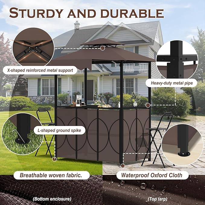 Grepatio 3 Piece Patio Bar and Grill Set, Grill Gazebo with Bar Table and 2 Foldable Stools, Outdoor Bar Set with Canopy, Extra Adjustable Shadow, Storage Shelves, Glass Holders for Garden Backyard