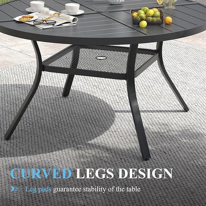 VICLLAX Patio Dining Set for 6, All Weather Metal Outdoor Furniture Set- 47" Round Patio Table and Chairs, Black Tabletop and Blue Fabric