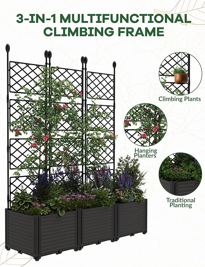 3 PCS Raised Garden Bed with Trellis,63" h Vertical Planter Box with Drainage Holes for Climbing Plants, Patio Privacy Screen & Balcony Garden