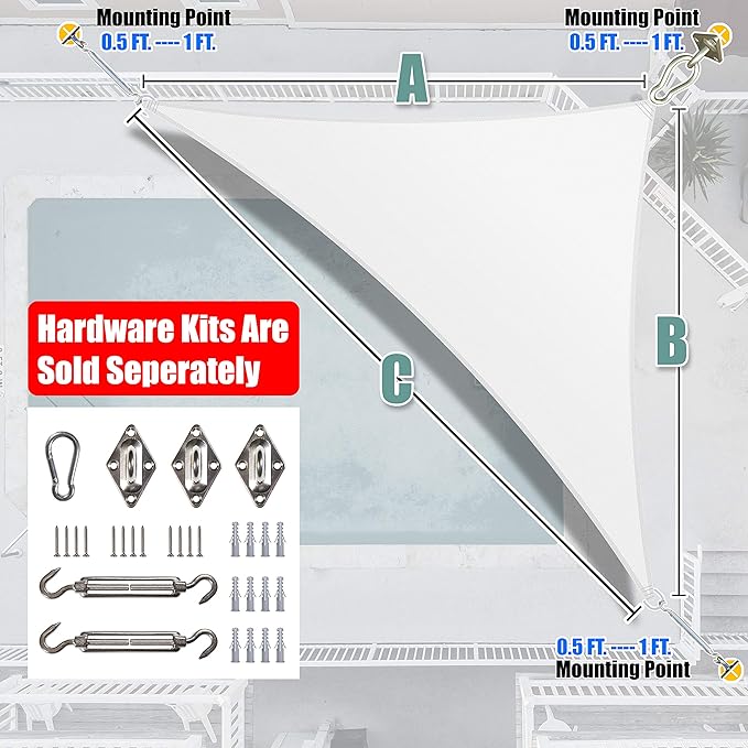 Amgo Custom Size 19' x 24' x 30.6' White Right Triangle Sun Shade Sail UPF50+ AGTAPRT12, Order to Make Canopy Awning, 95% UV Blockage, Water & Air Permeable, Commercial Standard (We Customize)
