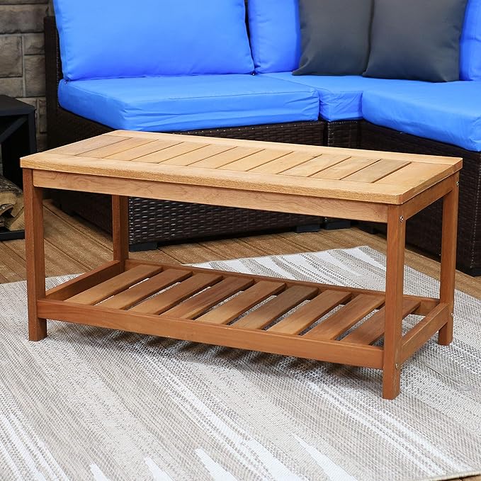 Sunnydaze Teak Outdoor Coffee Table for Patio - Coffee Table for Outside or Patio - Rectangle - 35 Inch - Meranti Wood