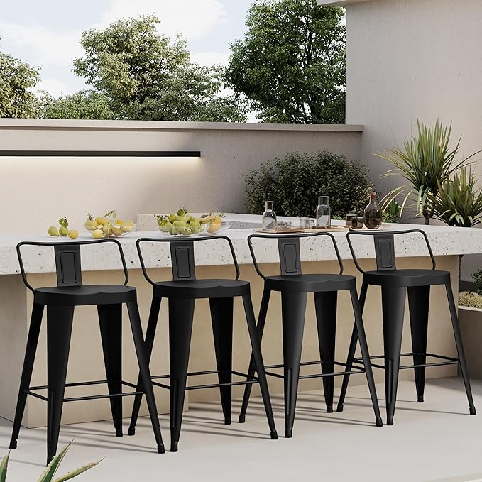 Aklaus Metal Bar Stools Set of 4 Counter Height Bar Stools for Kitchen Island Farmhouse Barstools with Removable Back 30" Indoor Outdoor Barstools, Matte Black