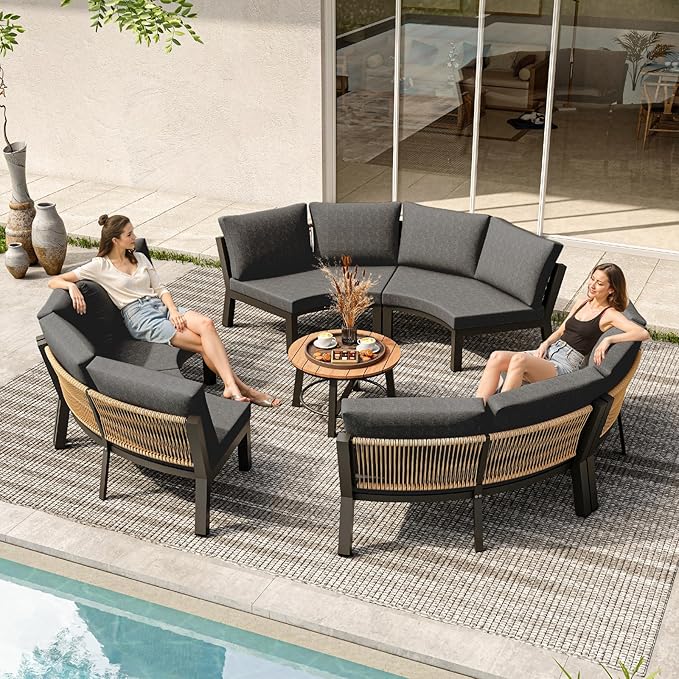Outdoor Patio Sectional Modular Sofa, Aluminum 1 Piece Curved Patio Couch with Washable Cushions, All Weather PE Rope Sofa for Backyard,Porch, Deck, Poolsid, Graphite