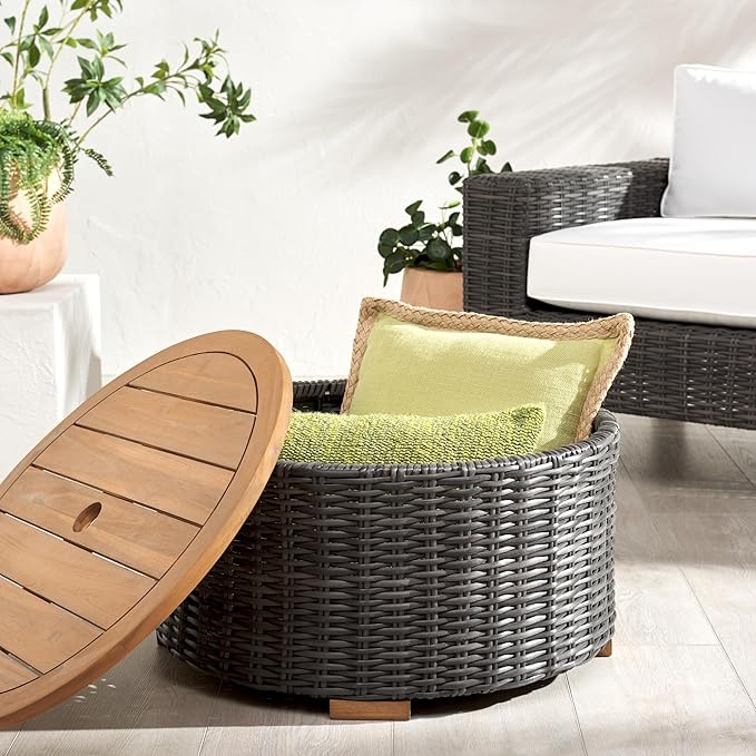 SAFAVIEH Couture Collection Anguilla Dark Grey Faux Wicker Indoor/Outdoor Storage Coffee Table (Fully Assembled)