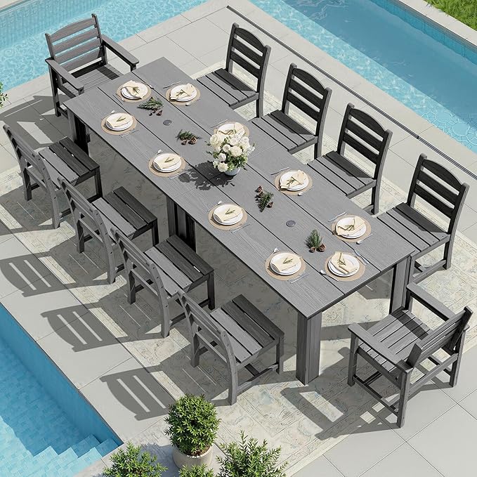 SERWALL Outdoor Dining Sets for 10, HDPE Dining Sets for 10 Person with 2 Rectangular Tables and 8 Armless Chairs and 2 Armchairs, Patio Dining Sets for Garden, Backyard, Poolside, Gray