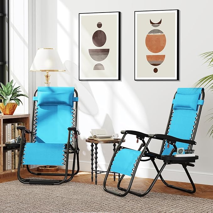 Yaheetech Zero Gravity Recliners Outdoor Adjustable Folding Reclining Lounge Chairs w/Pillows, Cup Holder Trays and Carry Strap for Patio Backyard Beach Light Blue Set of 2