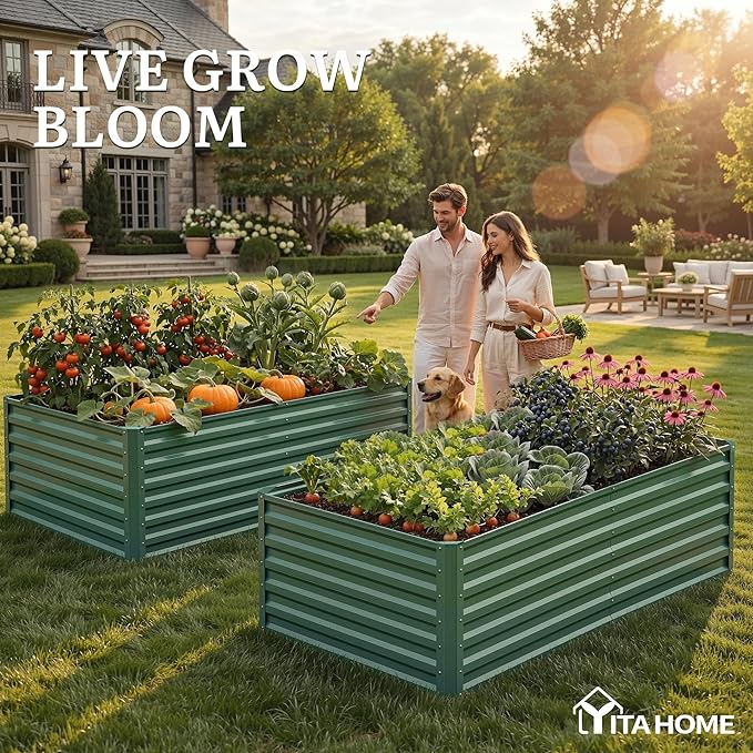 YITAHOME 4pcs 72x36x24 in Galvanized Raised Garden Bed Kit, Large Metal Planter Box with Gloves & Support Rod, Outdoor Flower Bed for Plants Vegetables, Green