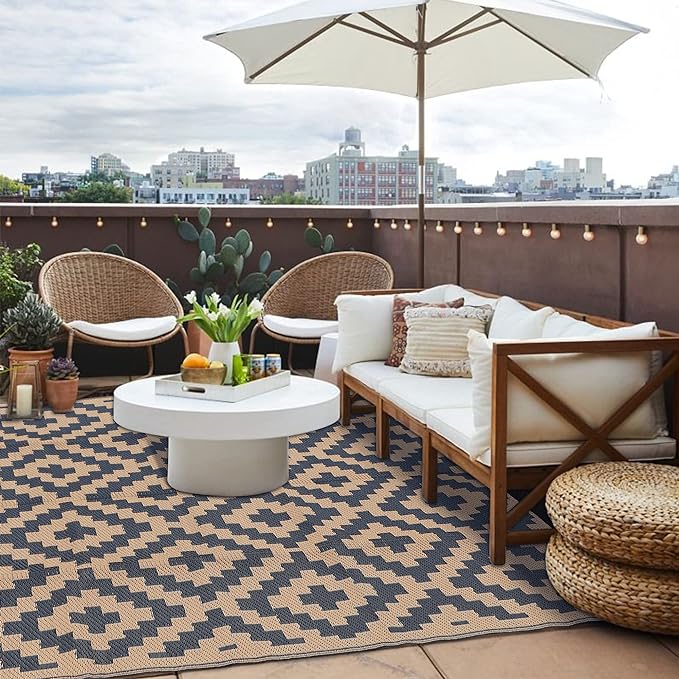 SAND MINE Reversible Mats, Plastic Straw Rug, Modern Area Rug, Large Floor Mat and Rug for Outdoors, RV, Patio, Backyard, Deck, Picnic, Beach, Trailer, Camping, Black & Brown, 5' x 8'