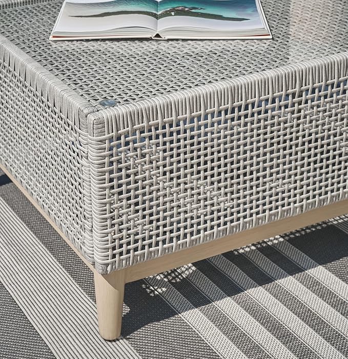 Signature Design by Ashley Seton Creek Casual Resin Wicker Outdoor Coffee Table with Tempered Glass Tabletop, Light Gray & Light Brown
