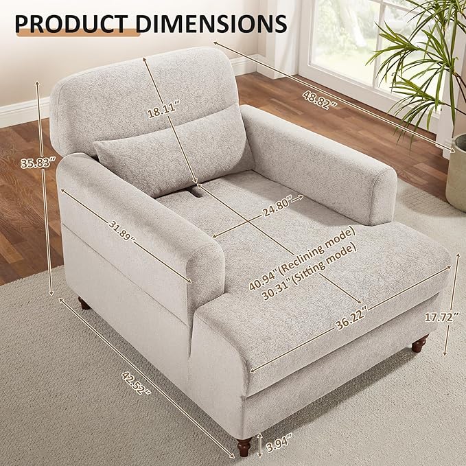 Oversized Chaise Lounge Chair Set of 2, Cloud Fluffy Chaise Sofa Recliner with Adjustable Backrest, Comfy Upholstered Sleeper Couch Bed, Modern Deep Seat Reading Armchair for Living Room, Bedroom