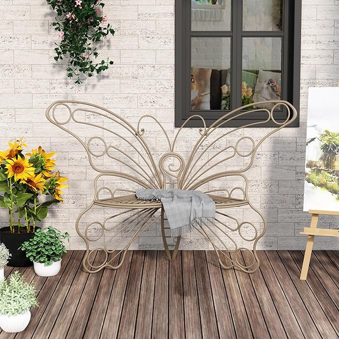 50 Inches Outdoor Bench, Garden Bench with Sturdy Iron Metal Frame, Pretty Butterfly Bench Front Porch Bench for Porch,Lawn,Garden,Yard