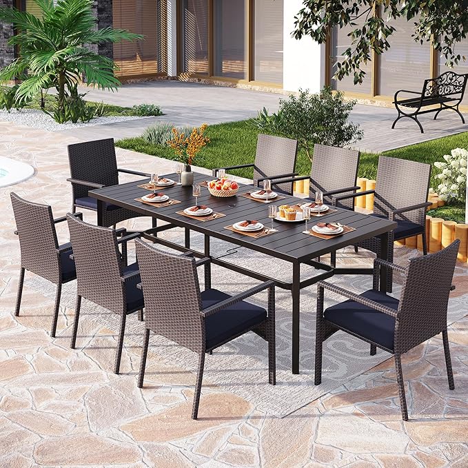 PHI VILLA 9 Pieces Outdoor Dining Set for 8, Rectangle Large Metal Iron Table with Umbrella Hole & Cushioned Wicker Chairs, Large Dining Furniture for Patio, Deck, Yard, Porch