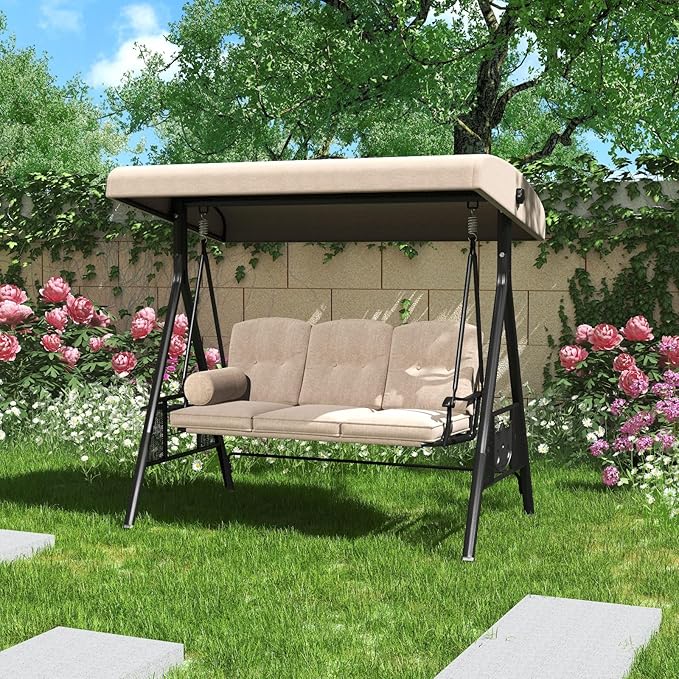 AECOJOY Outdoor Porch Swing, 3-Seat Porch Swing with Adjustable Canopy, Outdoor Swings for Adult with Beige Removable Cushions for Backyard, Garden, Yard, Poolside, Balcony
