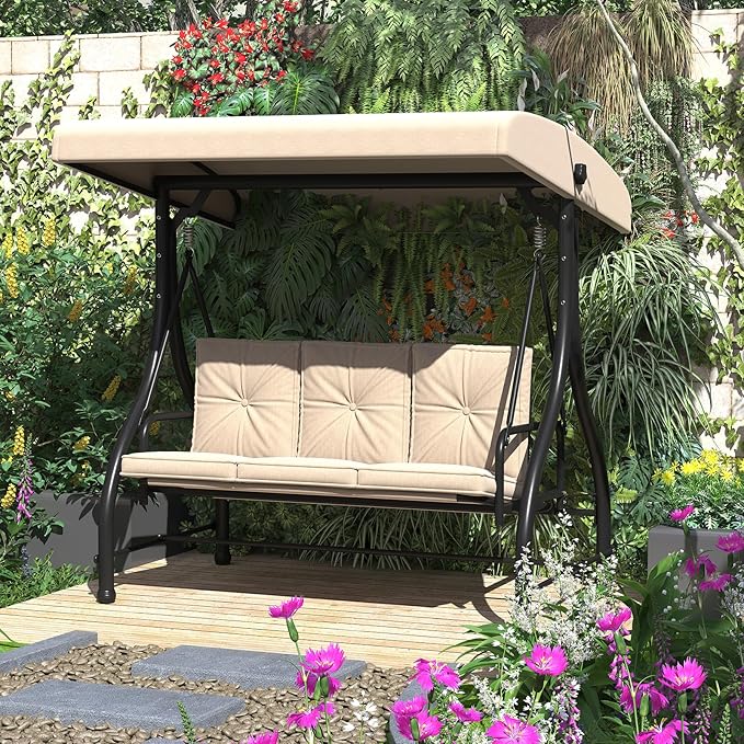 U-MAX Porch Swing Chair with Adjustable Backrest&Canopy, 3 Seat Patio Swing with Canopy 2-in-1 Convertible Outdoor Swing with Canopy Patio Daybed with Removable Beige Cushions for Adults