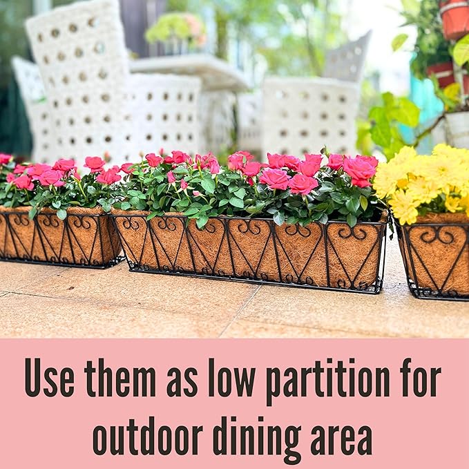 LaLaGreen Wall Planter - 4 Pack, 30 Inch Large Black Window Flower Basket Boxes Outdoor Attach House, Rectangular Deck Railing Hanging Pot with Coco Liner Over Rail Fence Balcony Patio Porch