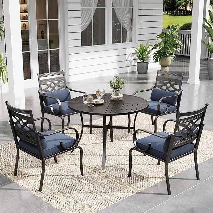 Sophia and William Outdoor Patio Dining Set for 4, Outdoor Table and Chairs, Removable Seat Cushions, Black 42" Round Patio Dining Table,Blue