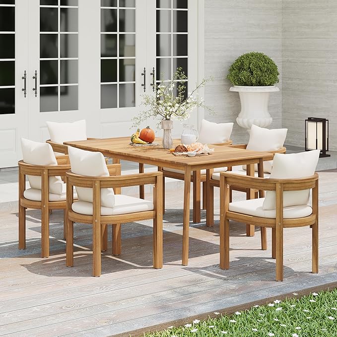 Christopher Knight Home Kclent Patio Acacia Wood Dining Set for 6 People, Outdoor Dinner Table & Chairs with Hollow Armrest, Removable Cushions, 7 Piece Patio Set for Backyard Deck, Teak+ Beige