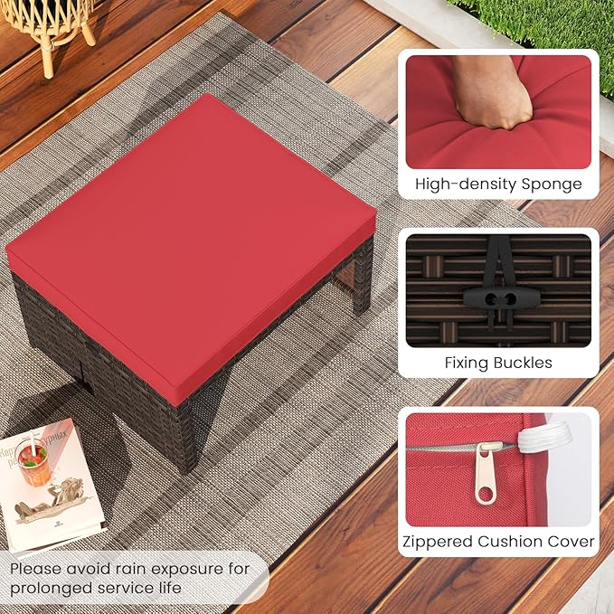 Tangkula 2 Pieces Patio PE Rattan Ottomans, Multipurpose Outdoor Footstool Footrest Additional Seating Side Table with Soft Zippered Cushions for Deck, Garden, Poolside and Yard (Red)