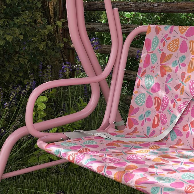 Qaba Kids Patio Swing, 2-Seater Outdoor Porch Swing Chair with Adjustable Canopy, Safety Belt, Pink Butterfly Pattern Hanging Swing Bench for Garden, Backyard, Pink