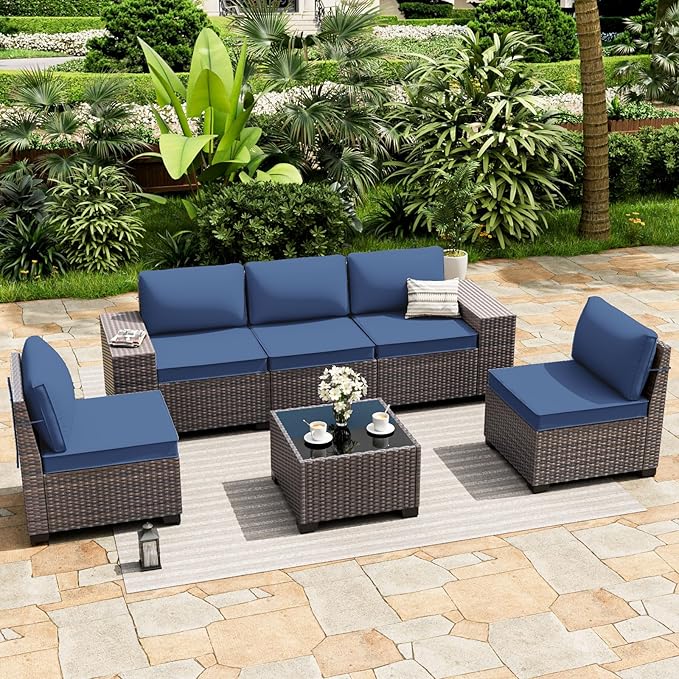 ALAULM 6 Pieces Patio Furniture Set, Oversized Seat/Armrest and High Back Wicker Sectional Furniture Set with Thick Cushion for Backyard, Garden, Navy Blue