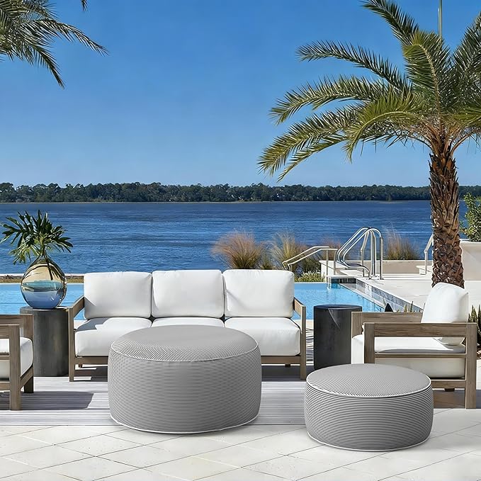 LVTXIII Indoor/Outdoor Extra Large Inflatable Ottoman Pouf D31 x H14 Inch, Round Footstool with Handle, Weather-Resistant Portable Furniture for Patio, Camping, Beach, Strip Grey