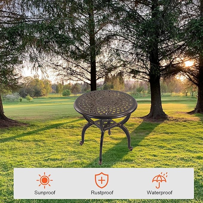 Cast Aluminum Outdoor Side Table, All Weather Round Small Coffee Table for Patio,Park,Lawn,Yard (21" Bronze)