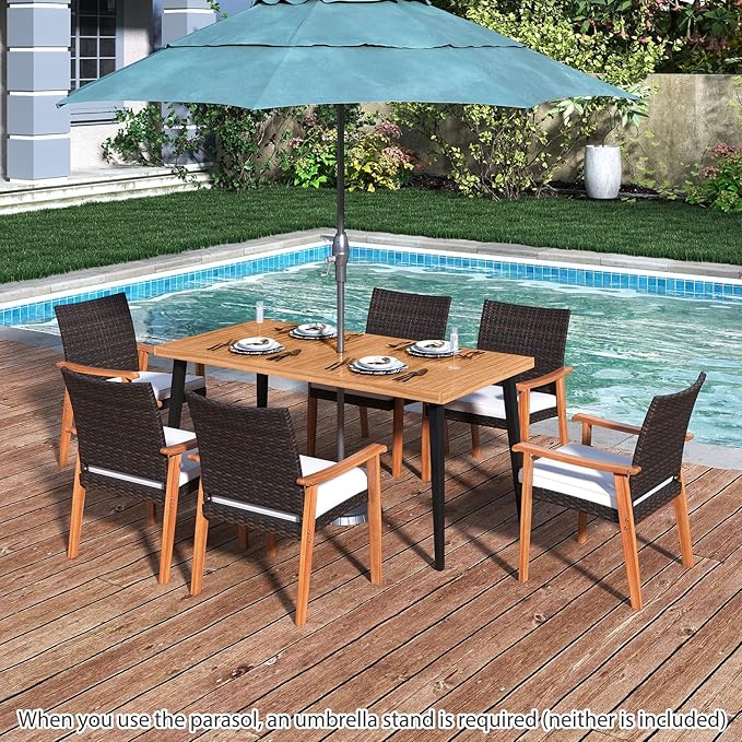 Tangkula 63" Acacia Wood Patio Dining Table for 6, Outdoor Dining Table with 1.97" Umbrella Hole & Metal Legs & Adjustable Foot Pads, Rectangular 6-Person Outside Table for Garden, Poolside & Backyard