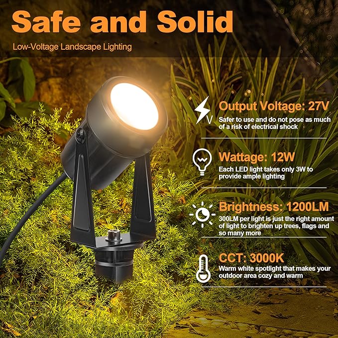 Outdoor Landscape Lighting Waterproof with 45.9FT Cable & built-in LED Light, Low Voltage 12W 1200LM Plug in Electric LED Spot Light 3000K Uplight with Transformer for Garden Yard Tree Path, Pack of 4