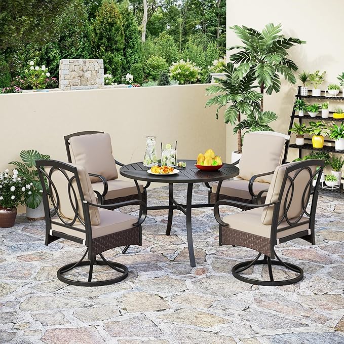 PHI VILLA 5-Piece Outdoor Dining Sets, All-Weather Patio Table and Chairs Set for 4, Heavy Duty Patio Table Set Round for Deck, 4 Extra Large Outdoor Metal Wicker Dining Chairs with Thick Cushions