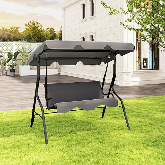Porch Swing Outdoor, 3 Person Patio Swing w/Removable Cushion, Stand & Adjustable Canopy, Heavy Duty Swing Chair for Patio, Garden, Courtyard, Poolside