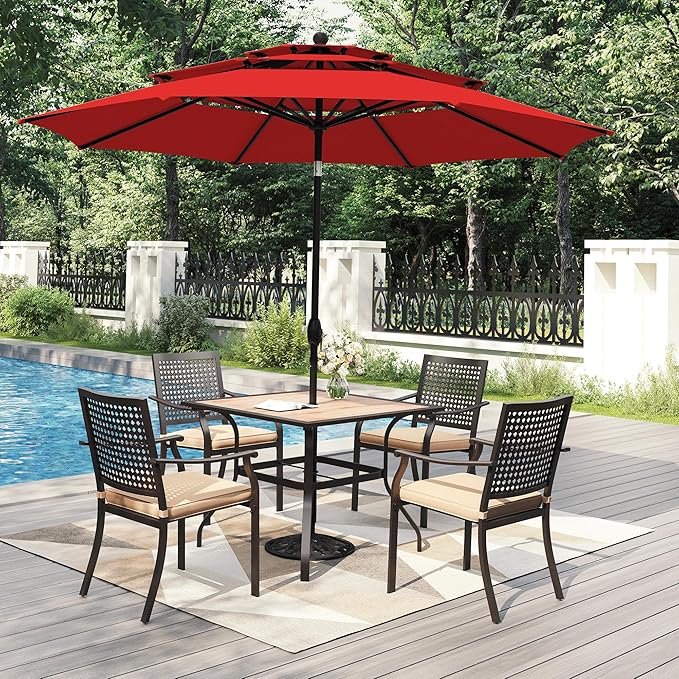 PHI VILLA 5 Pieces Outdoor Dining Set for 4 with Umbrella, 37" Square Wood-Like Steel Table & Stackable Iron Chairs with Cushions & 10ft Red Umbrella, Modern Furniture for Patio, Deck, Yard, Porch