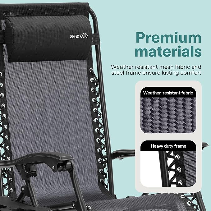 SereneLife Outdoor Zero Gravity Lounge Chair Set with Table – 2 Adjustable Recliners with Cup Holders, Headrest, Steel Frame & Foldable Design for Patio, Pool, Garden, or Camping