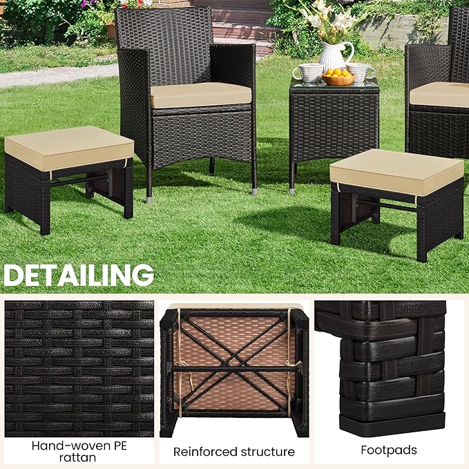 Yaheetech Wicker Ottomans, Set of 2 Footrest with Removable Cushion, 2pcs PE Rattan Side Table Additional Seating Multipurpose Outdoor Furniture for Patio, Backyard, Brown/Khaki