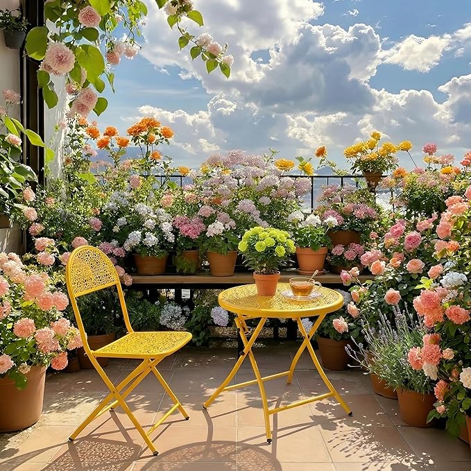 TeoKJ Folding Outdoor Side Tables, Anti Rust Small Patio Table Round Metal Nightstand with Flower Cutouts for Porch Yard Balcony Deck Lawn, Yellow