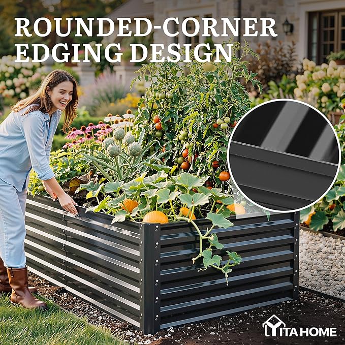 YITAHOME 6x3x2ft Large Raised Garden Bed Kit, Galvanized Metal Planter Box with Gloves, Ground Nails, Support Rod, Outdoor Above Ground Planters for Plants Vegetables Flowers, Black