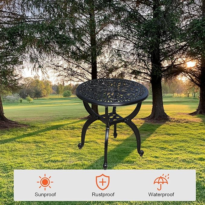 Cast Aluminum Outdoor Side Table, All Weather Round Small Coffee Table for Patio,Park,Lawn,Yard (18.5" Black)