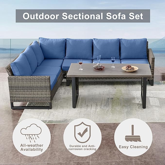 Belord Outdoor Sectional Sofa 6 Seater L Shaped Couch Wicker Patio Conversation Furniture Set with Tree-Grain Finish Metal Dining Table, Rattan Outdoor Furniture with Removable Washable Cushion Blue