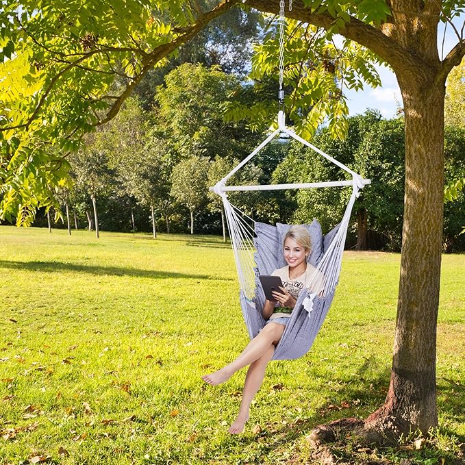 Backyard Expressions Hanging Hammock Chair Swing with Cushions & Hanging Kit – 500 lb Capacity, Cotton Blend Fabric, for Indoor/Outdoor Use – Includes Chain, Hooks & Spring – 5 Colors (Grey)