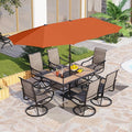 PHI VILLA Patio Dining Set with Umbrella for 6 Person, Outdoor Swivel Dining Chairs Set and 1 Large Rectangular Wooden-Like Top Table with 13ft Orange Red Outdoor Market Umbrella(No Base)